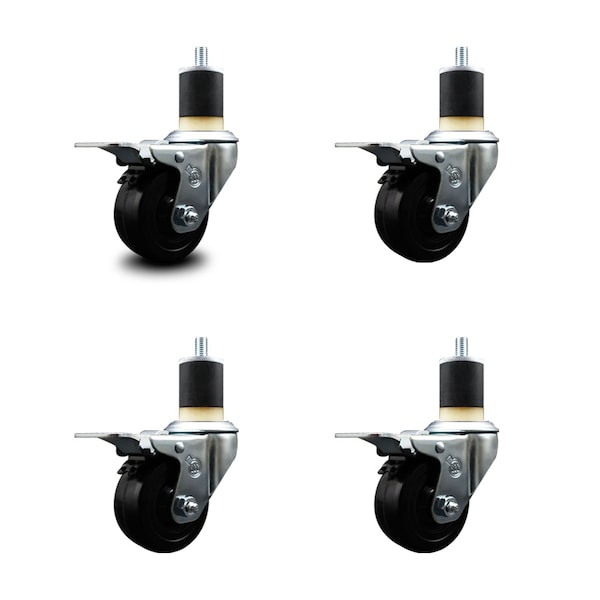 3'' SS Hard Rubber Swivel 1-7/8'' Expand Stem Caster Set Total Lock Brake, 4PK